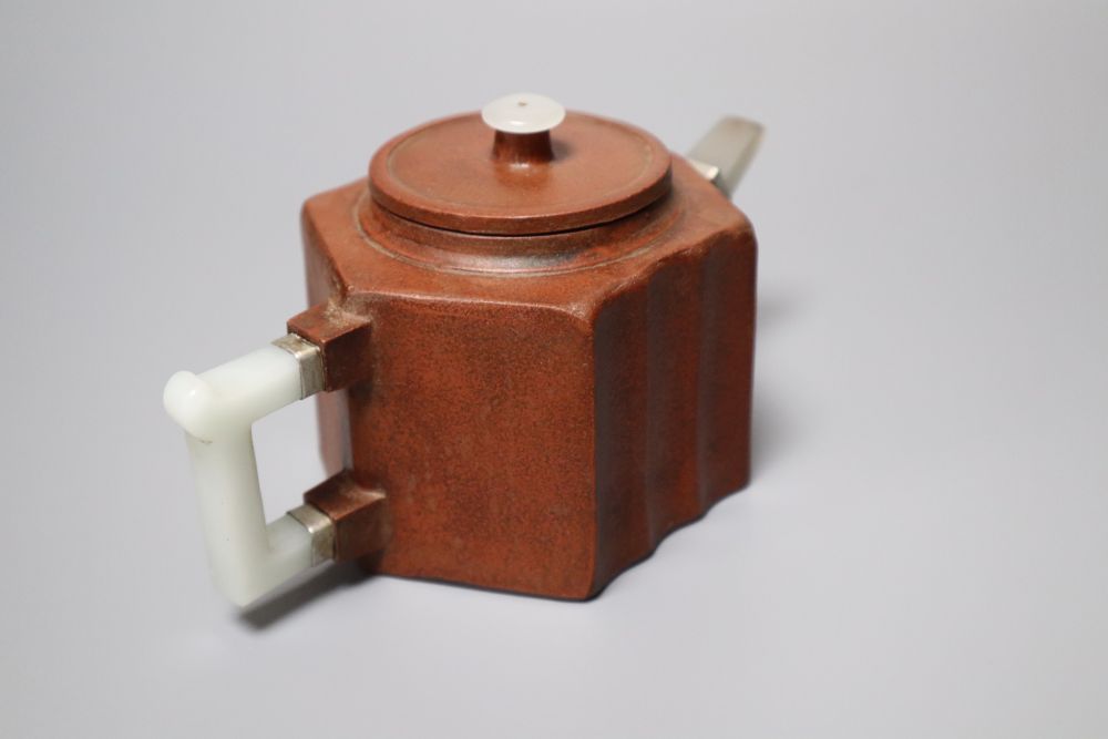 A Chinese Yixing teapot, with agate mounts, 18cm across